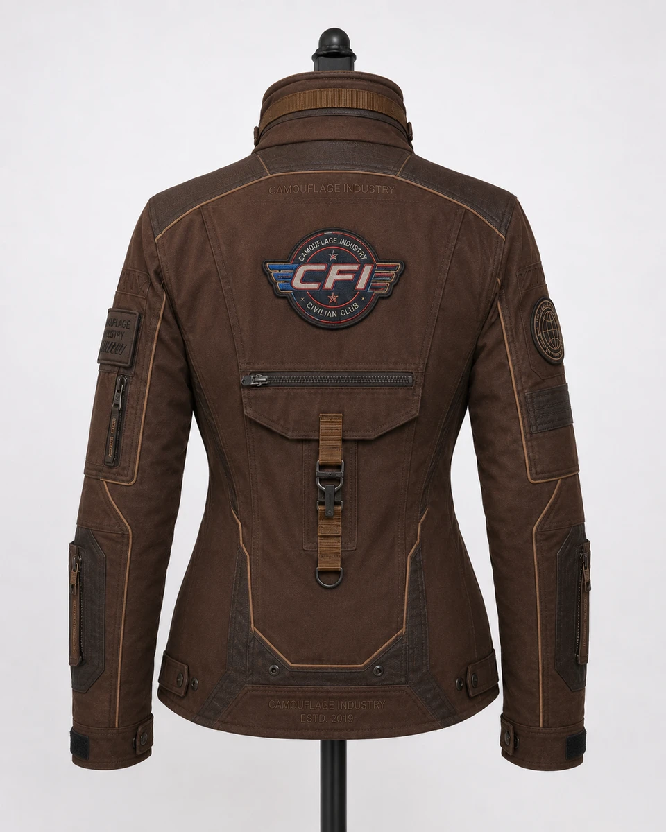 Back view of custom tactical utility field jacket manufactured for clothing brands