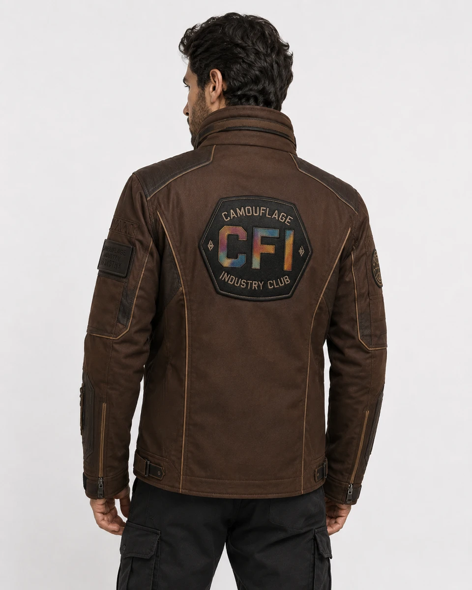 Back view of custom tactical utility field jacket manufactured for clothing brands