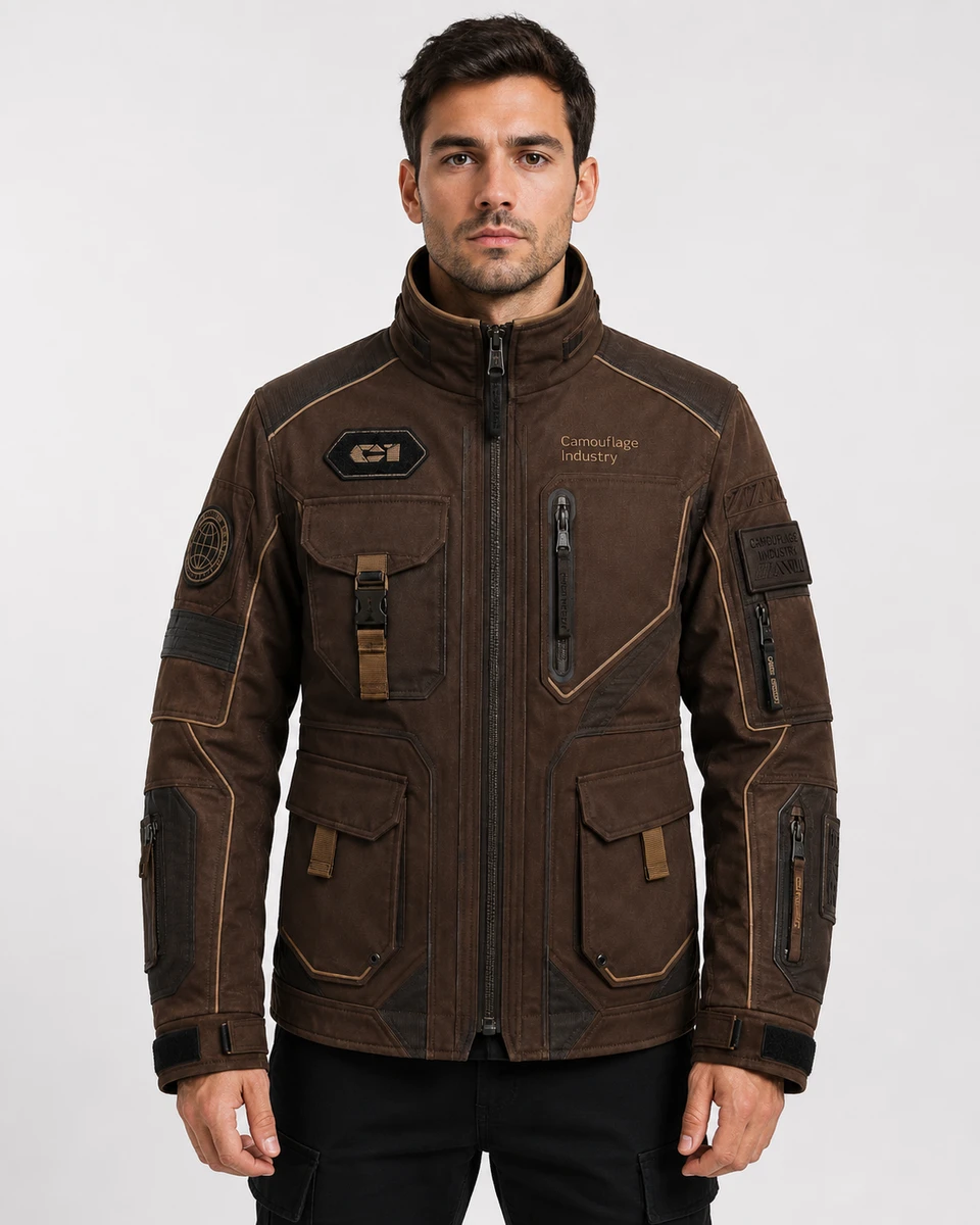 Front view of custom unisex tactical utility field jacket for private label apparel manufacturing