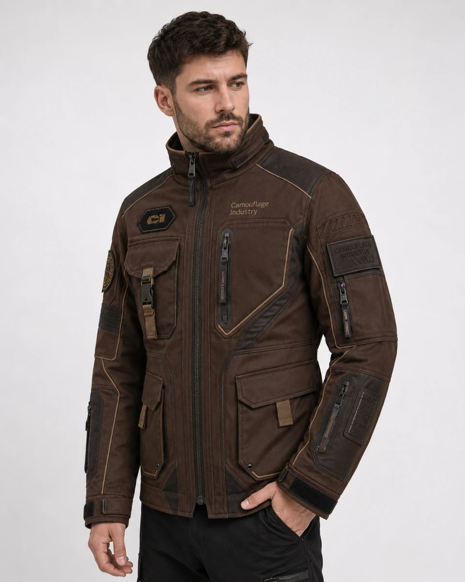Side profile of custom tactical utility field jacket with functional pocket details