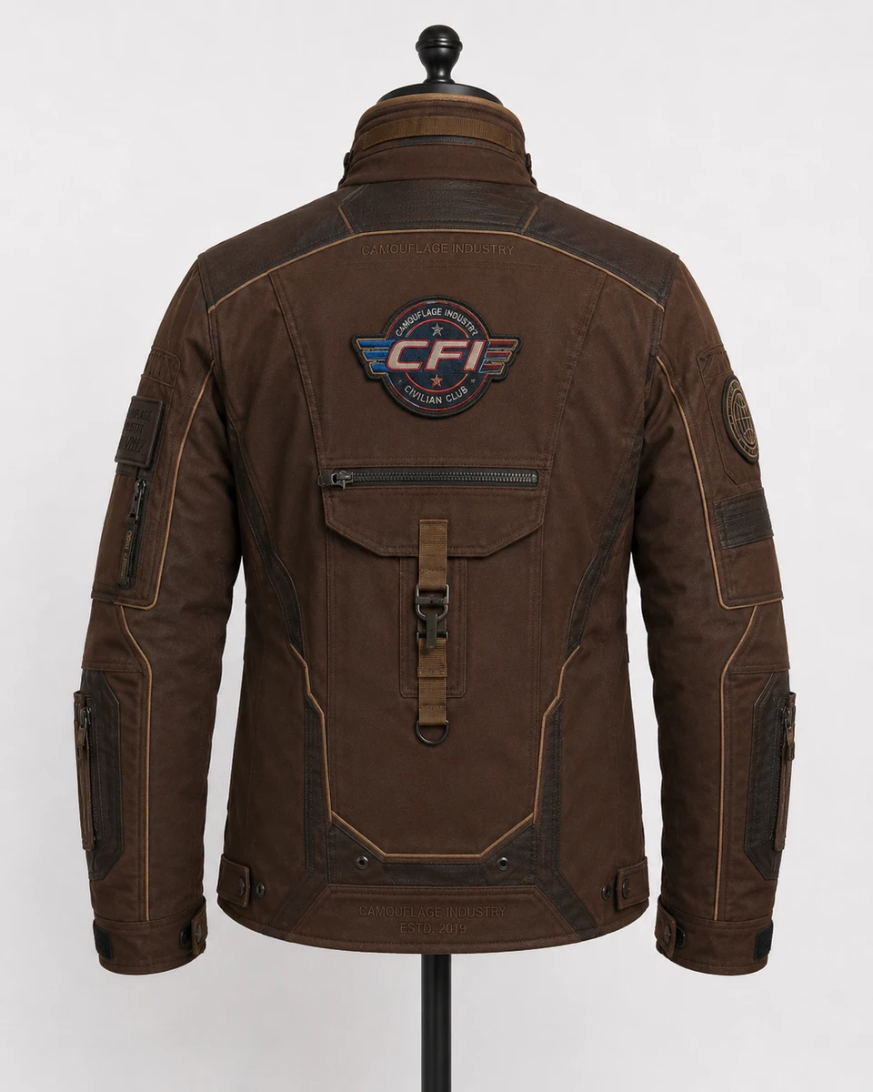 Back view of custom tactical utility field jacket manufactured for clothing brands