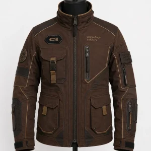 Front view of custom unisex tactical utility field jacket for private label apparel manufacturing