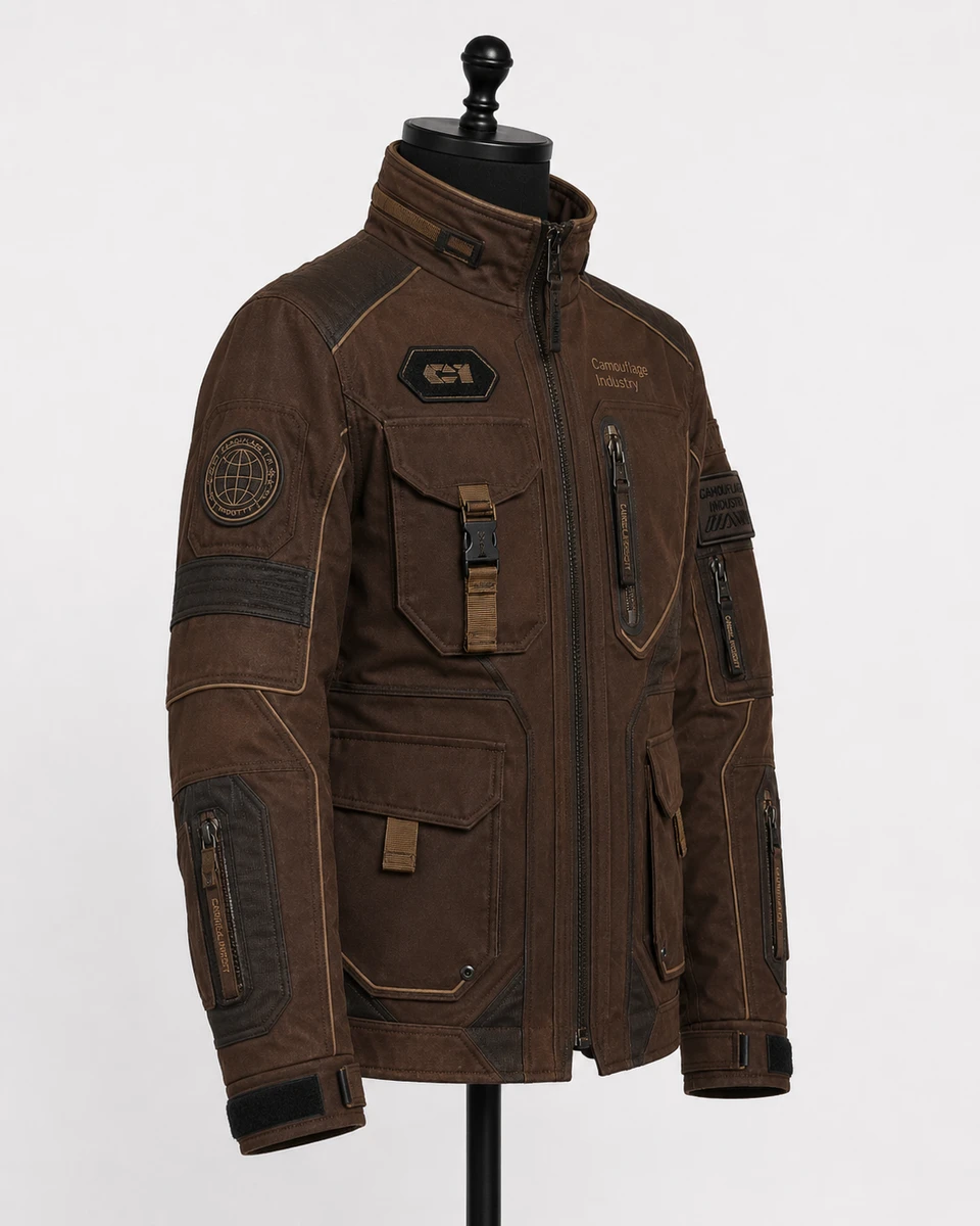 Side profile of custom tactical utility field jacket with functional pocket details