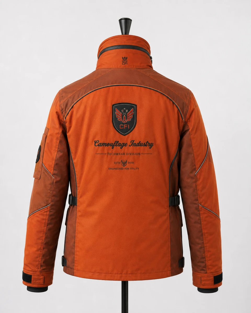 Back view of premium custom utility jacket for OEM apparel manufacturing