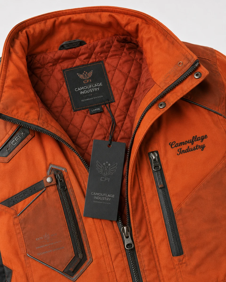 Custom logo embroidery and private label branding on technical utility jacket