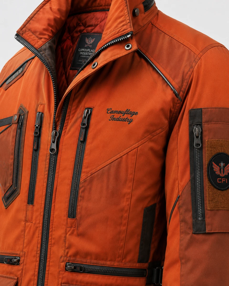 Close-up of heavy-duty zipper, stitching, and premium fabric on custom utility jacket