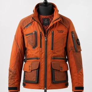 Front view of custom technical utility jacket manufactured for private label outdoor clothing brands