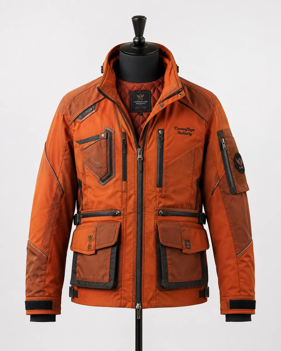 Front view of custom technical utility jacket manufactured for private label outdoor clothing brands