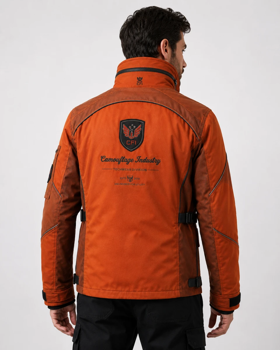 Back view of premium custom utility jacket for OEM apparel manufacturing