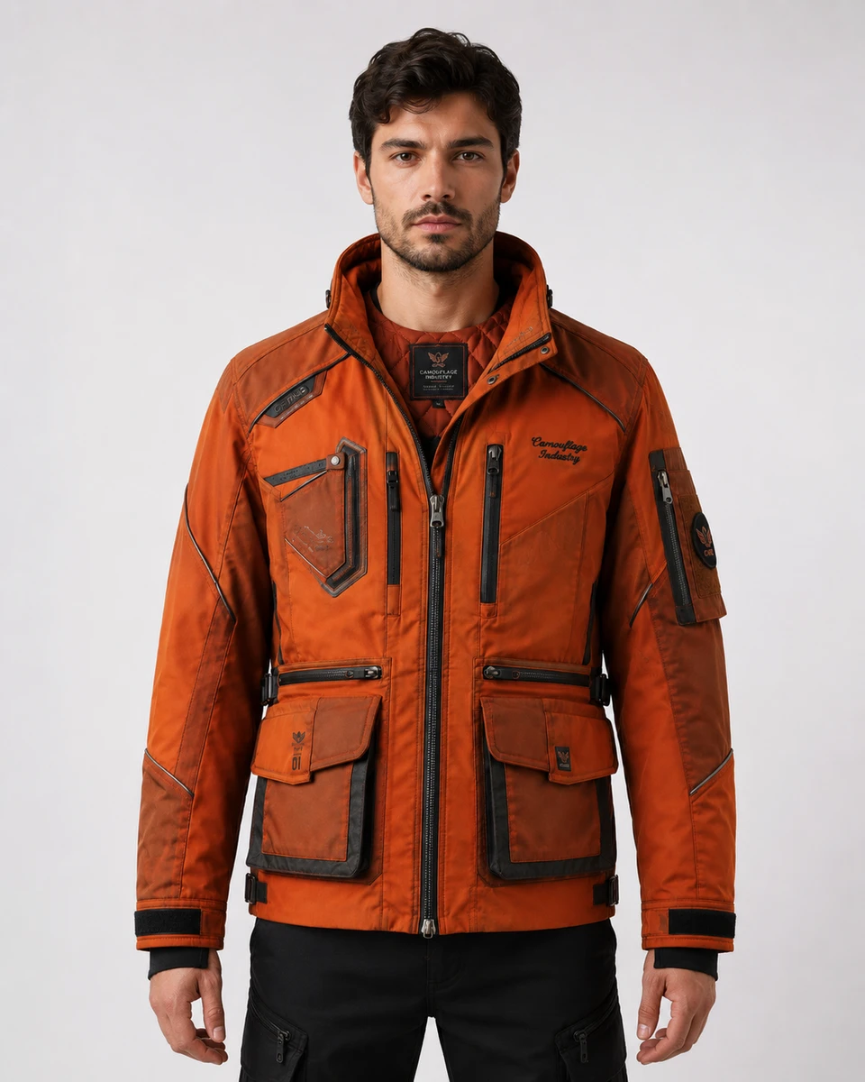 Front view of custom technical utility jacket manufactured for private label outdoor clothing brands