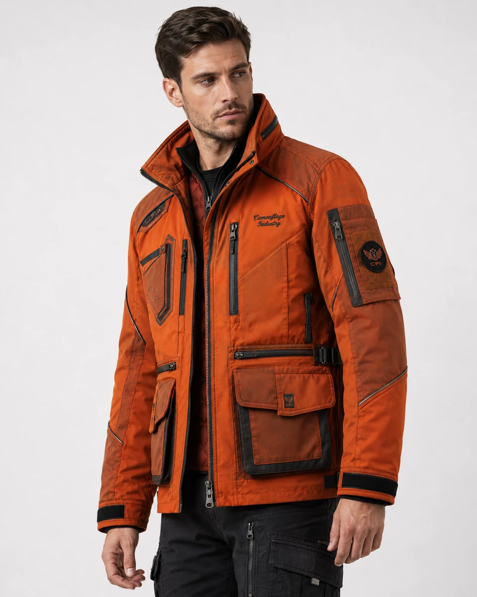 Side profile of custom outdoor utility jacket for private label clothing brands