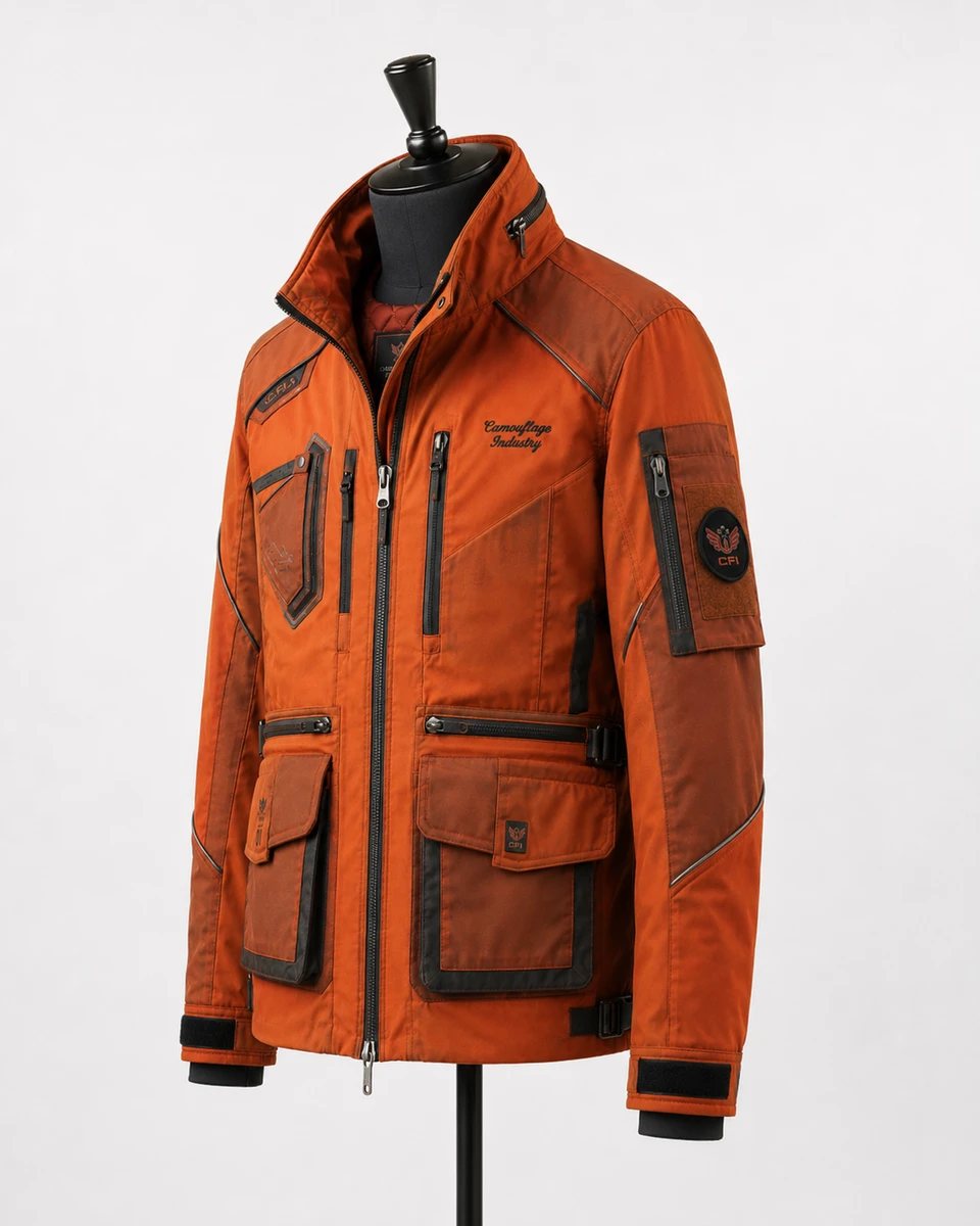 Side profile of custom outdoor utility jacket for private label clothing brands
