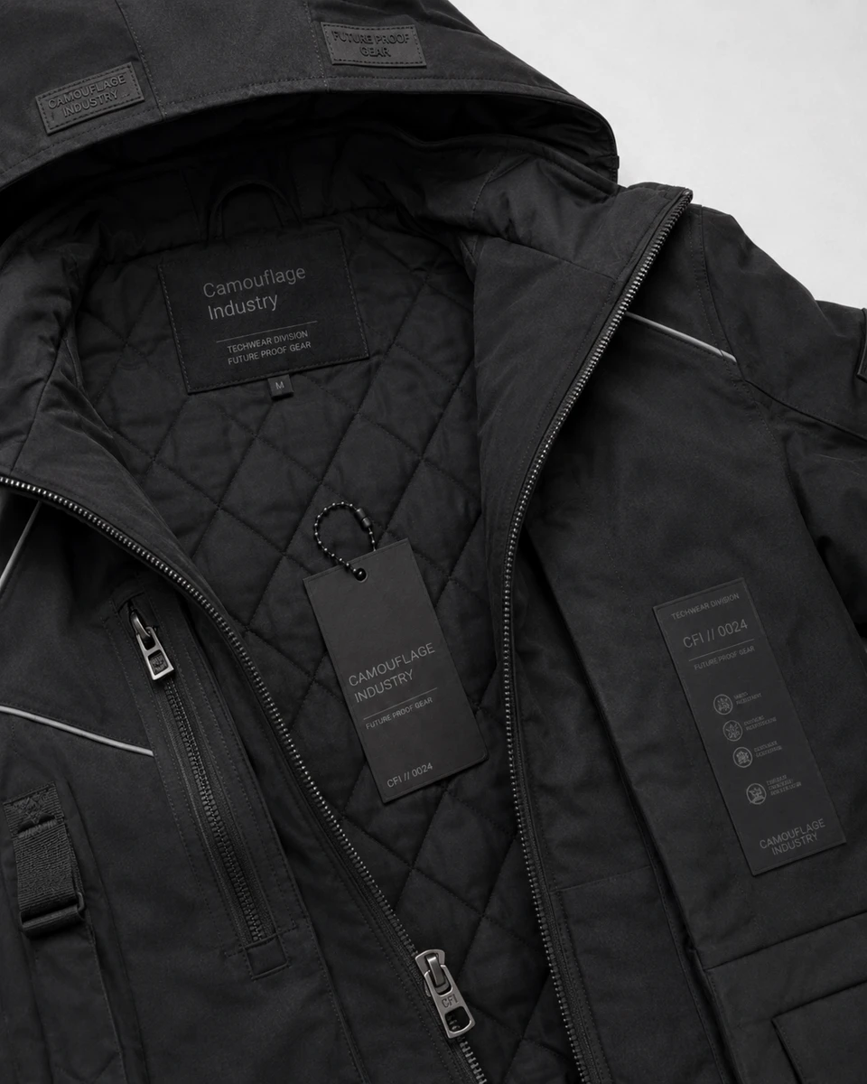 Close-up of zipper, cargo pocket, stitching, and premium fabric on tactical cargo jacket