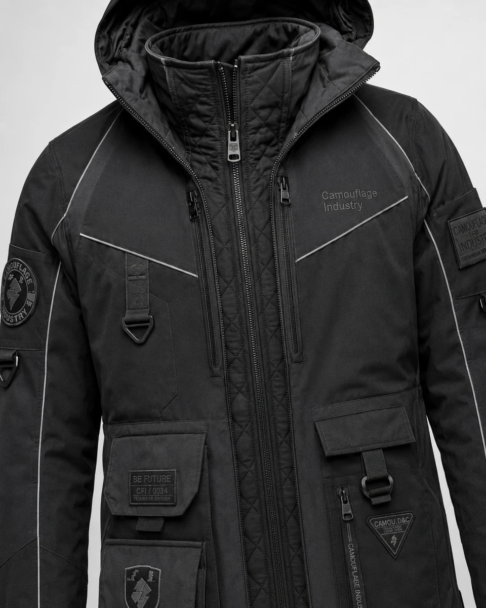 Custom embroidery and private label branding on tactical cargo jacket