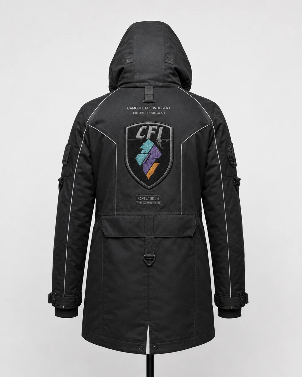 Back view of premium tactical cargo jacket manufactured for OEM clothing brands