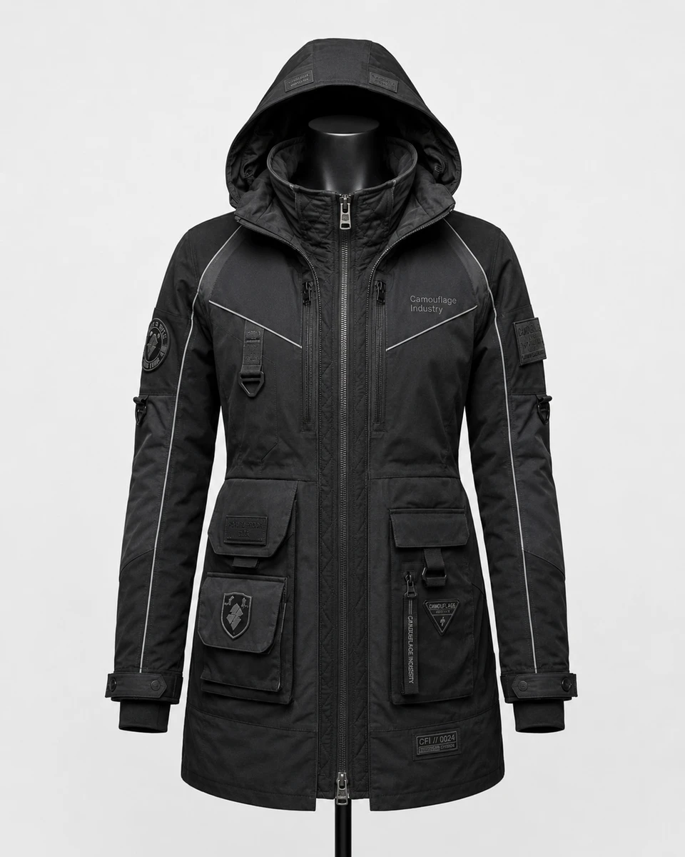 Front view of custom unisex tactical cargo jacket manufactured for private label apparel brands