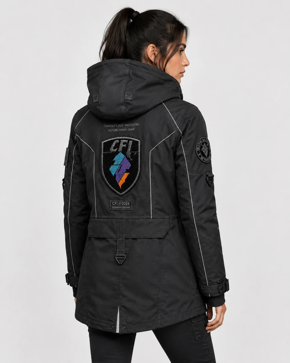 Back view of premium tactical cargo jacket manufactured for OEM clothing brands