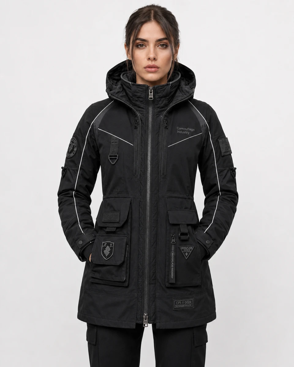 Front view of custom unisex tactical cargo jacket manufactured for private label apparel brands