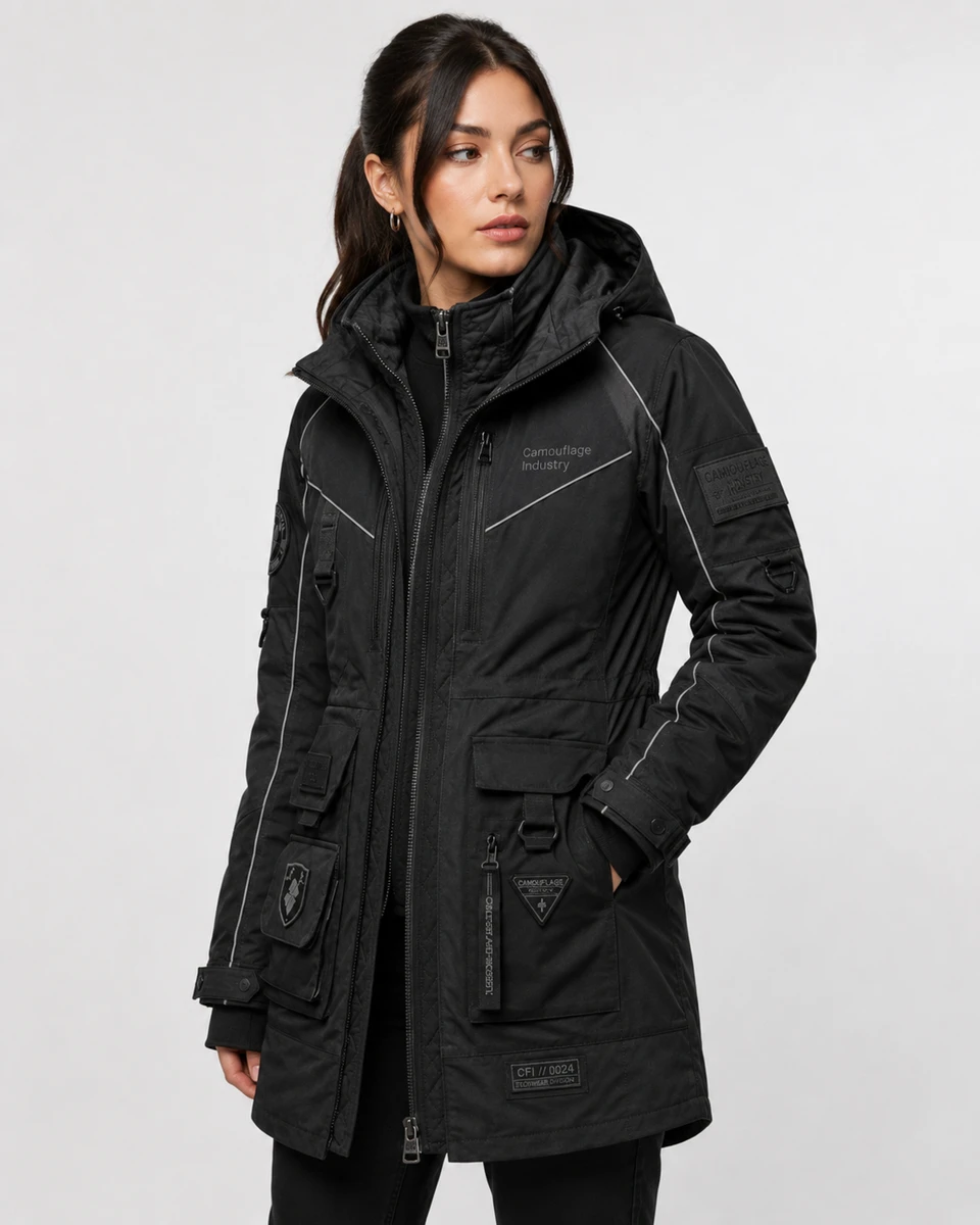 Side profile of custom tactical cargo jacket with utility pocket design