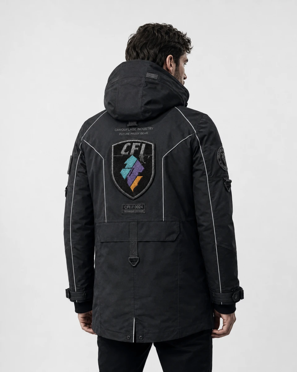 Back view of premium tactical cargo jacket manufactured for OEM clothing brands