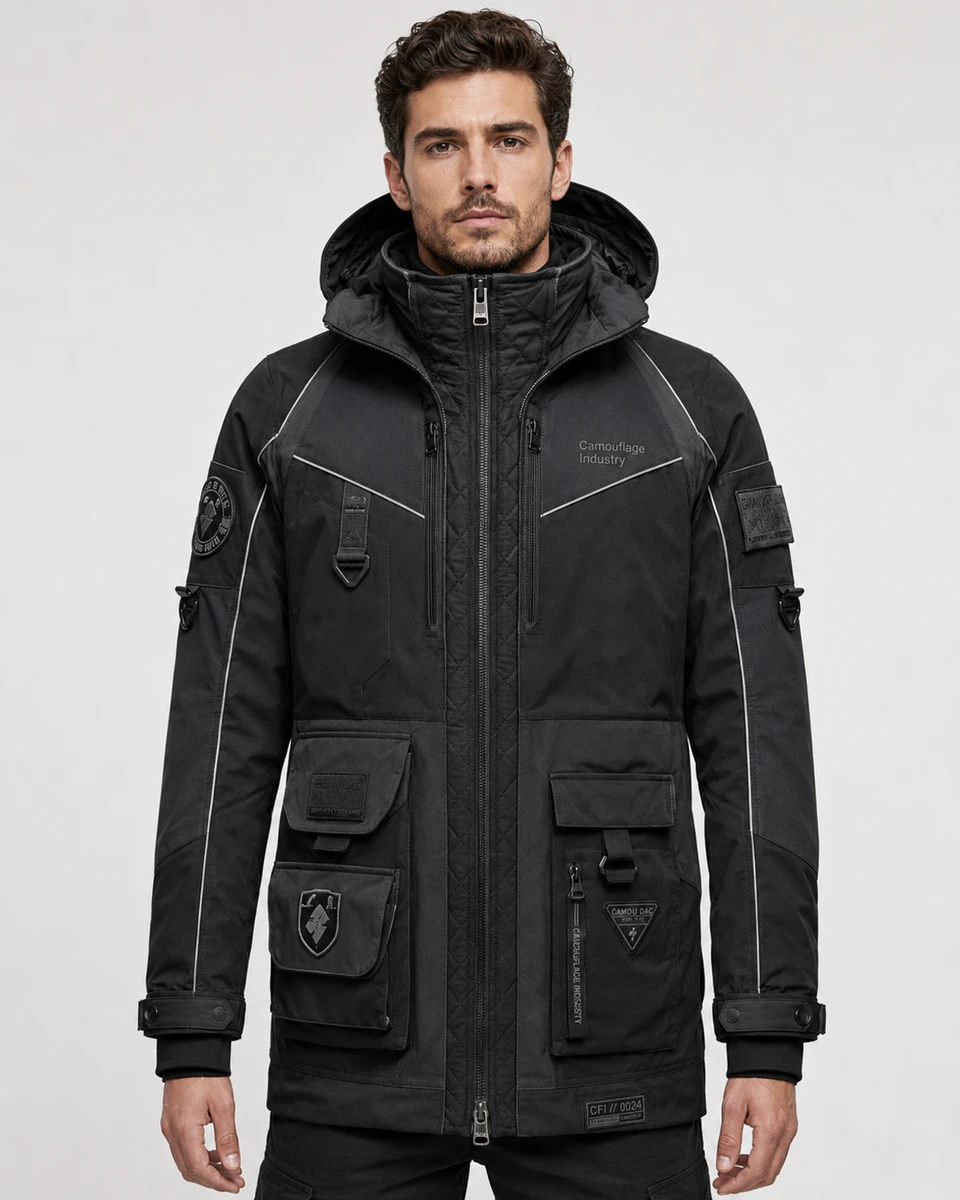 Front view of custom unisex tactical cargo jacket manufactured for private label apparel brands