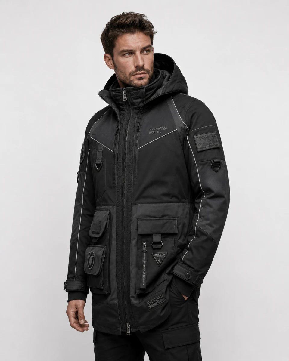 Side profile of custom tactical cargo jacket with utility pocket design