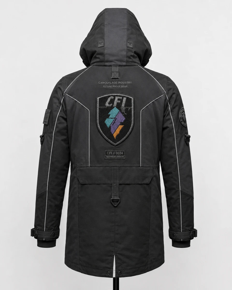 Back view of premium tactical cargo jacket manufactured for OEM clothing brands