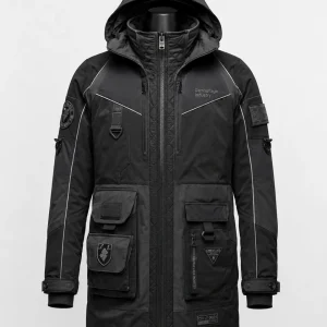 Front view of custom unisex tactical cargo jacket manufactured for private label apparel brands