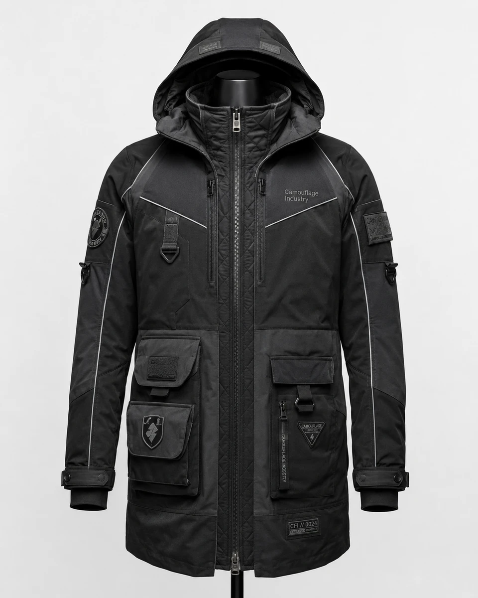 Front view of custom unisex tactical cargo jacket manufactured for private label apparel brands