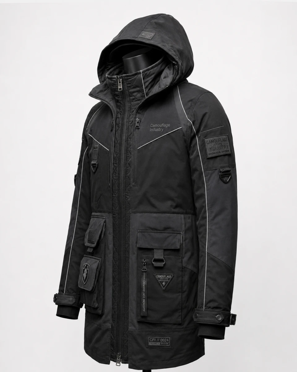 Side profile of custom tactical cargo jacket with utility pocket design