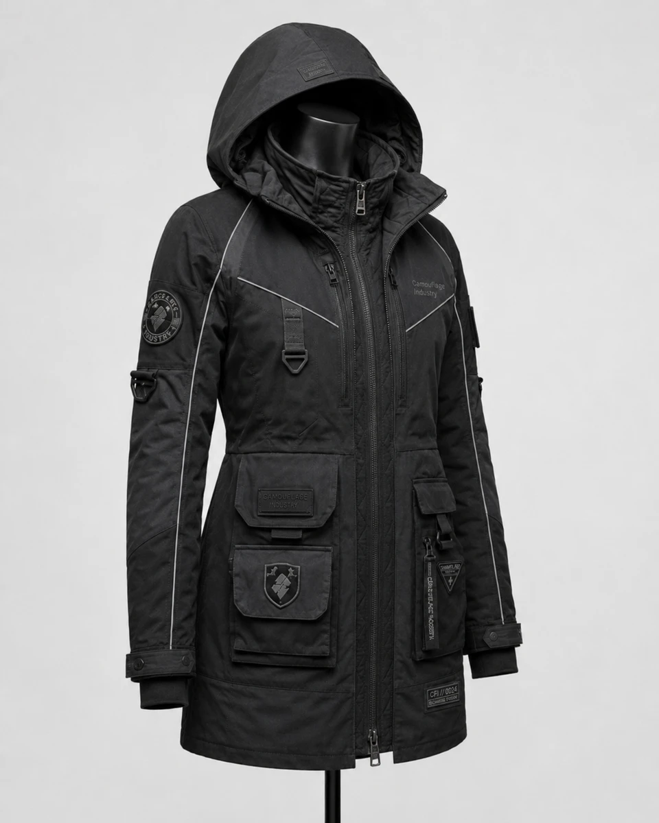 Side profile of custom tactical cargo jacket with utility pocket design